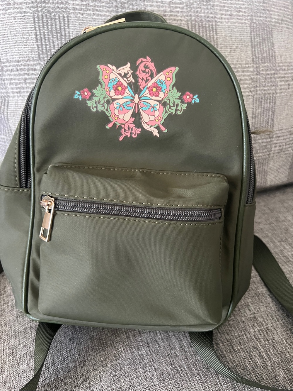 Olive Green Mini Backpack with Floral Butterfly Motif